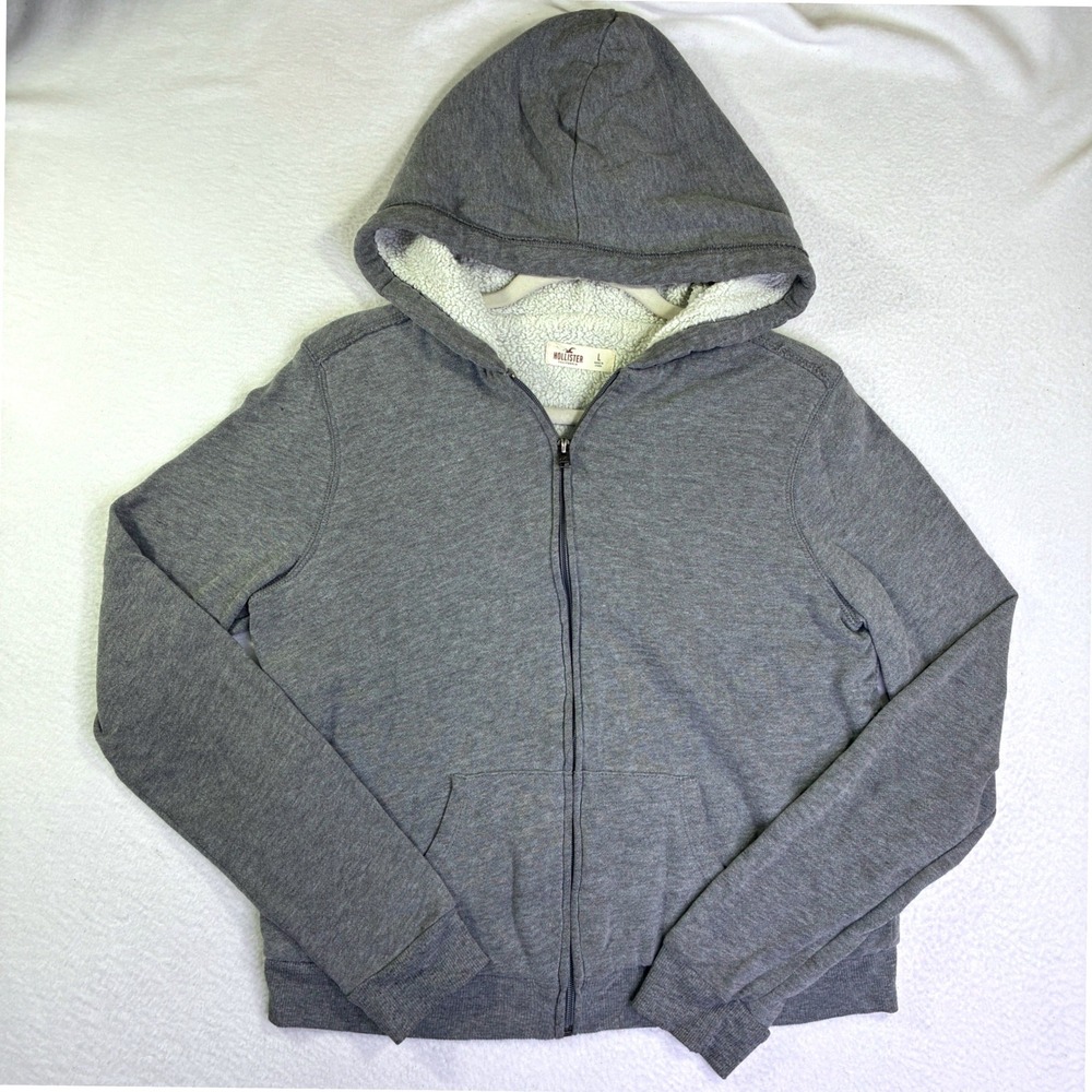 Hollister California Gray Faux Shearling Lined Full Zip Hoodie Jacket Mens Large